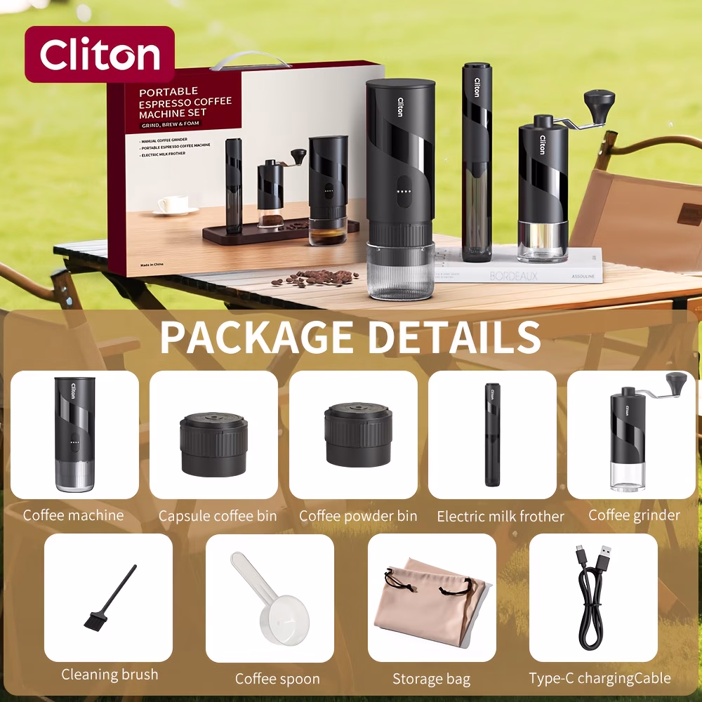 CLITON Portable Espresso Coffee Machine – Rechargeable Coffee Maker with Built-in 1800mAh Lithium Battery, Stainless Steel Water Tank, Compatible with Grounds & Capsules, Suitable for Travel, Camping, Office, Kitchen, and Christmas Gift