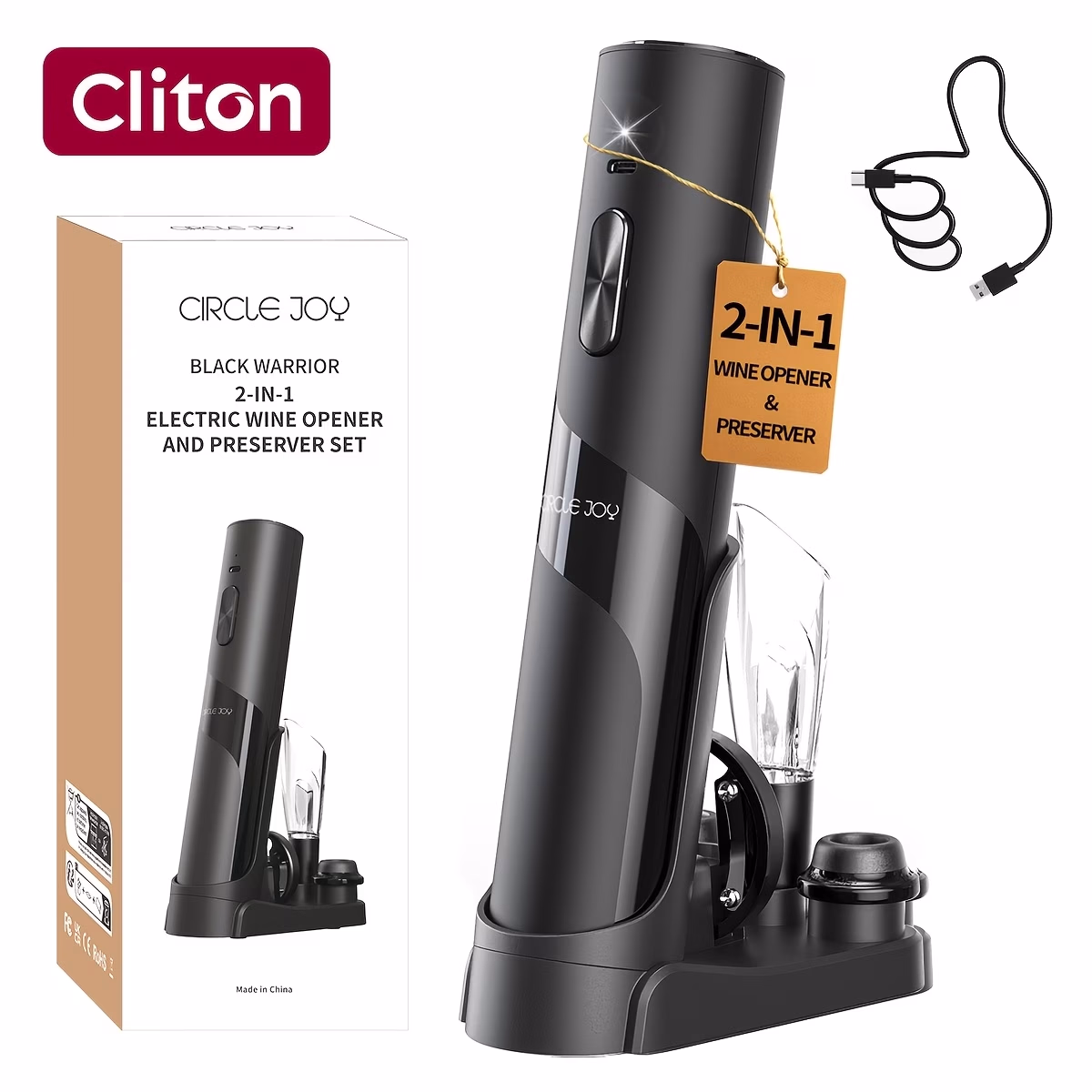 CLITON 7-in-1 Rechargeable Electric Wine Bottle Opener – Includes Electric Vacuum Pump, Charging Station, Foil Cutter, Wine Aerator Pourer, 2 Wine Glasses, Lithium Battery