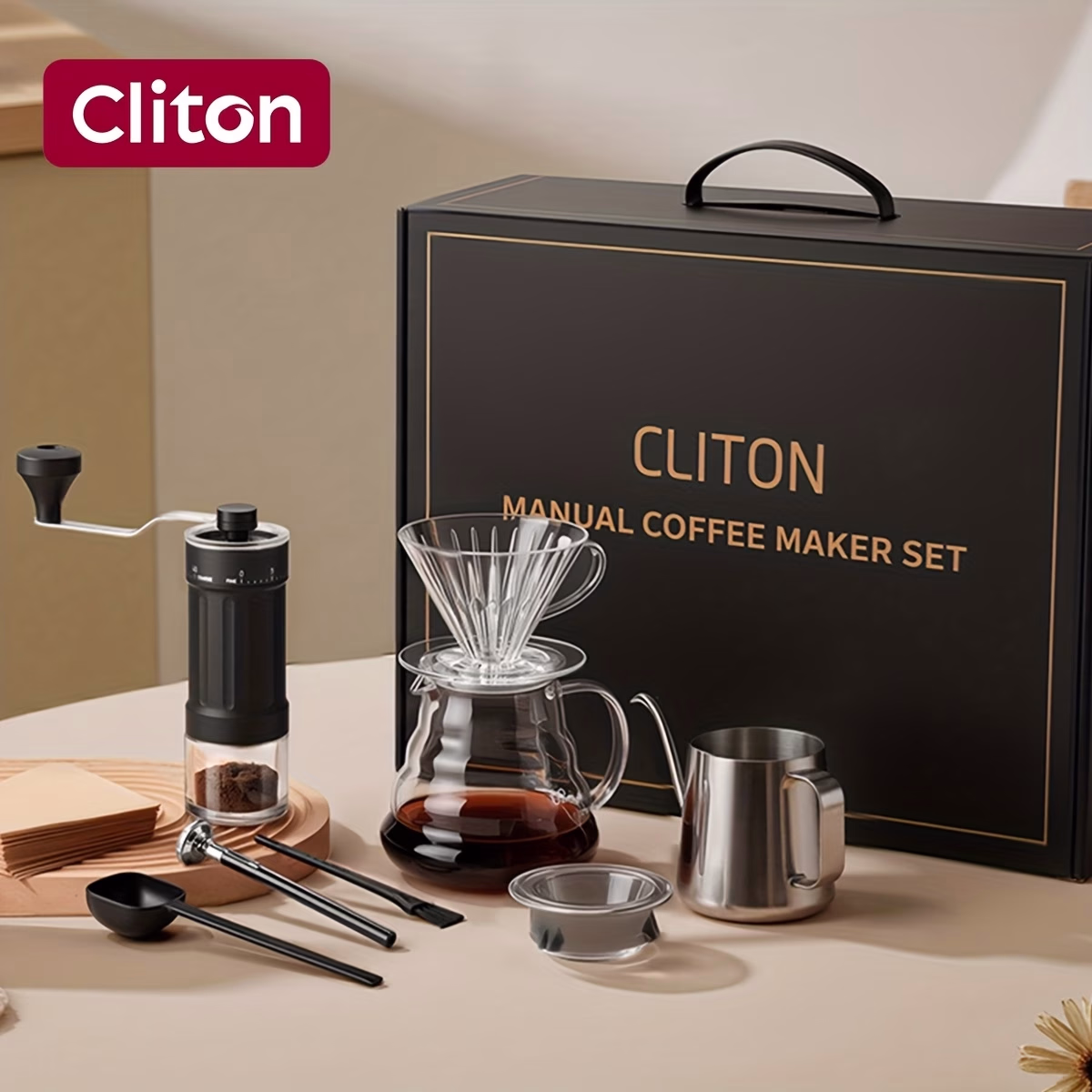 CLITON Portable Hand Coffee Grinder Featuring 40 Adjustable Settings and Ceramic Burr – Complete with a Pour-Over Coffee Dripper, Ideal for Home Use and Outdoor Activities