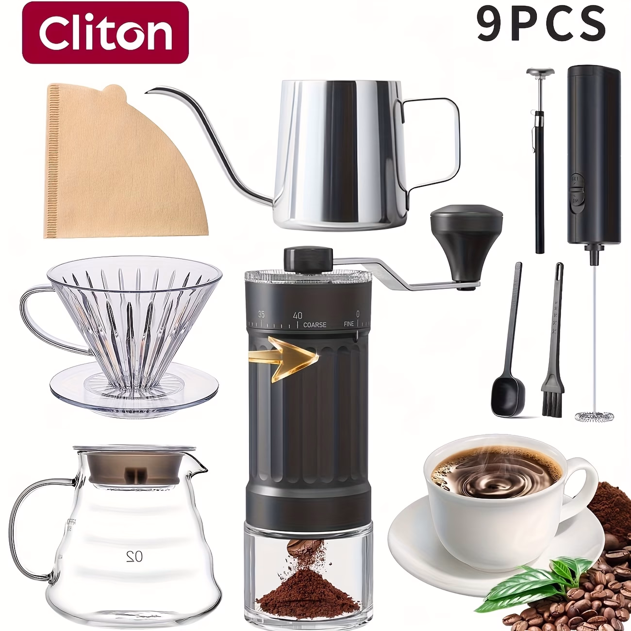 CLITON Portable Hand Coffee Grinder Featuring 40 Adjustable Settings and Ceramic Burr – Complete with a Pour-Over Coffee Dripper, Ideal for Home Use and Outdoor Activities