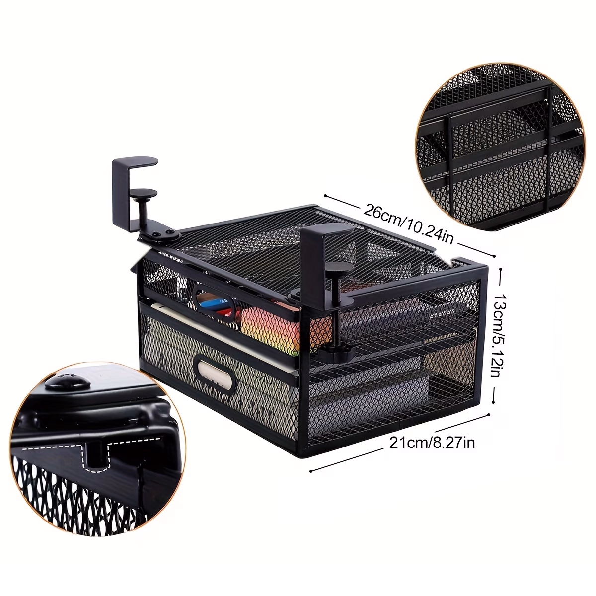 1pc Metal Under Desk Drawer Organizer – Dual Sliding Drawers, Drill-Free Secure Clamps, Durable Construction, Smooth Sliding for Office Supplies, Home & Office Storage, 26x13.5x21cm