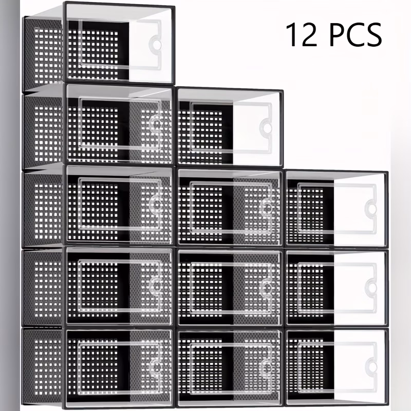 12pcs Clear Plastic Black Organisers Stackable Shoe Storage Box Rack Containers with Lids – Transparent Shoe Boxes, Thickened and Can Be Superimposed, Combination Shoe Cabinet