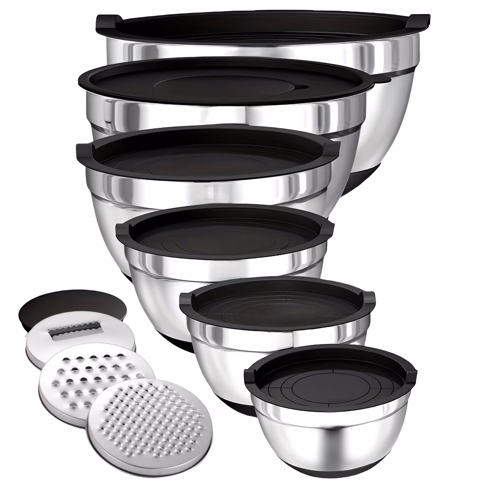 15pcs Collection of Mixable Bowls with Covers – Non-Slip Stainless Steel and Silicone Base, Comes with 3 Grinders – Great for Mixing, Baking, and Serving