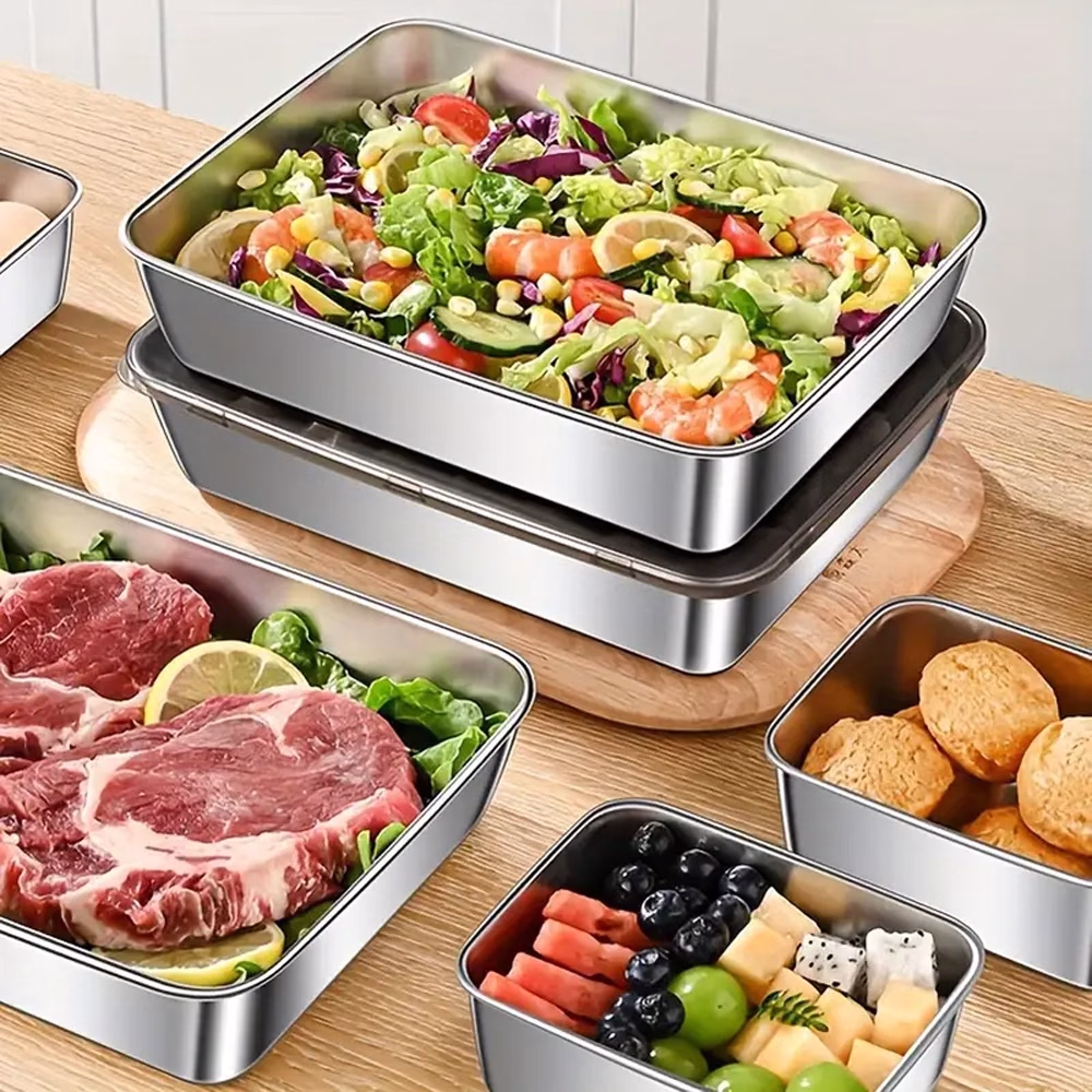 5pcs Food Storage Container, Stainless Steel with Cover Design – Suitable for Refrigerator Refrigeration, Food Preservation, Outdoor Barbecue