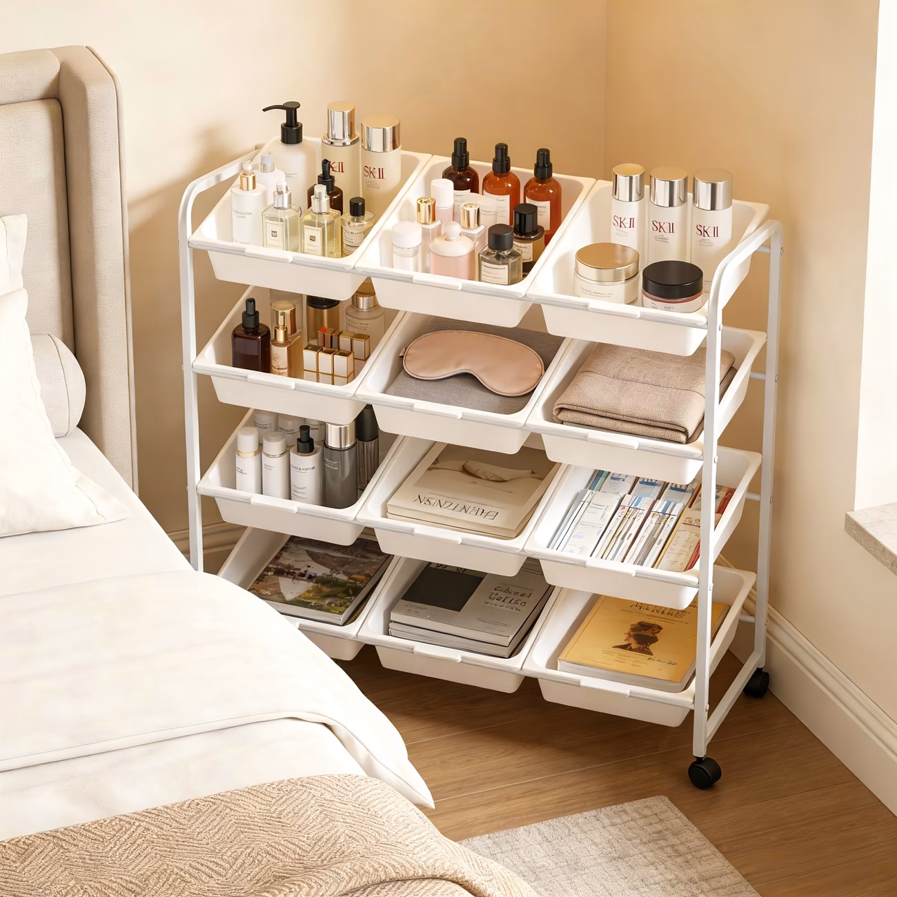 Storage Rack with 12 Containers – 12 Drawer Storage Cart with Wheels, Multifunction Organizer L Storage Shelf, Portable Storage Drawers for Office, Living Room, Bathroom, and Kitchen