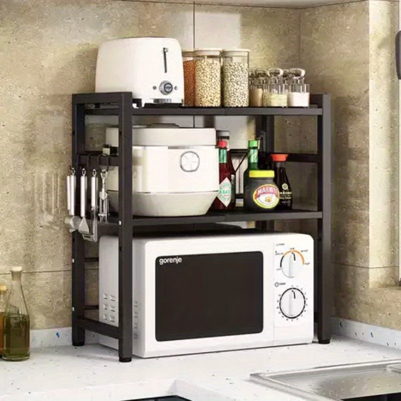 2-Tier Metal Microwave Rack – Expandable Double-Tier Kitchen Rack with 6 Hooks, Stainless Steel Double-Tier Storage Rack, Microwave Storage Rack, Countertop Rice Cooker Storage Rack, Household Storage Rack