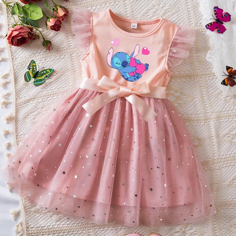 Color: SKY BLUE, Kid Size: 4T - Lilo Stitch Girls Sequin Tutu Dress with Bow Flutter Sleeves Summer Princess Party Outfit for Toddler Kids 2-6 Years