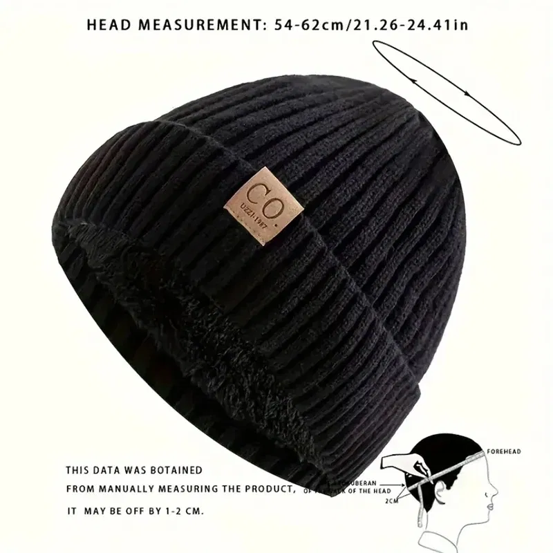 Color: black, Size: XS - New Unisex Two-Tone Winter Hats Add Fur Lined Men And Women Fashion Warm Beanie Cap Casual Winter Knitted Hats