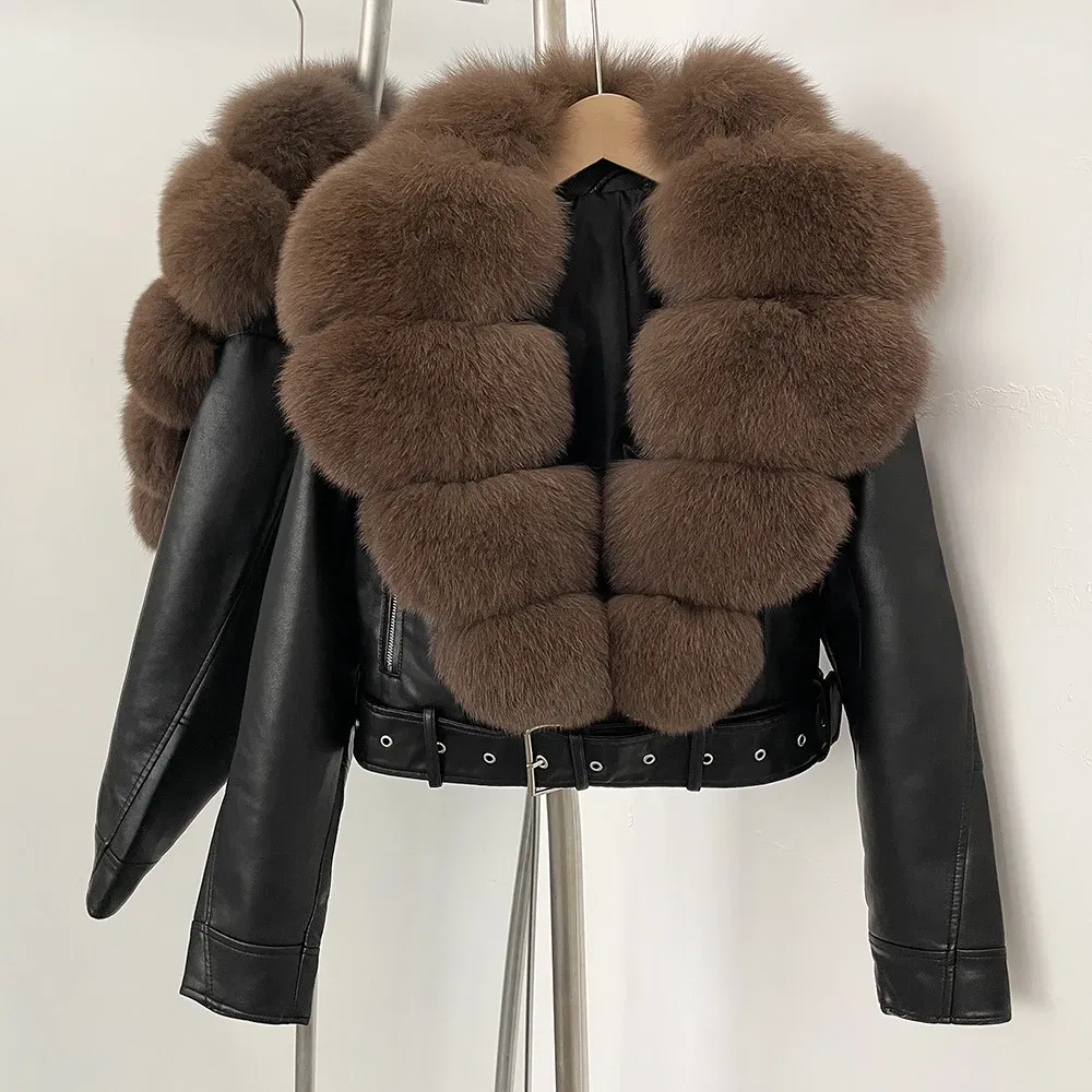 Color: Gold, Size: L - Fake Leather Coat New Natural Fox Fur Autumn Short Faux Leather Jacket Female Spring PU Women Long Sleeve Real Fur Coat Thin