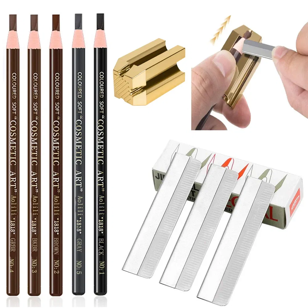 Color: army green, Ships From: CHINA - Eyebrow Pencil With Sharpener 4Pcs Brow Trimmer Blade Microblading Supplies Set Eyebrows Sharpening Tip Thin Art Makeup Tools