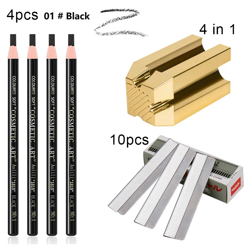 Color: army green, Ships From: CHINA - Eyebrow Pencil With Sharpener 4Pcs Brow Trimmer Blade Microblading Supplies Set Eyebrows Sharpening Tip Thin Art Makeup Tools