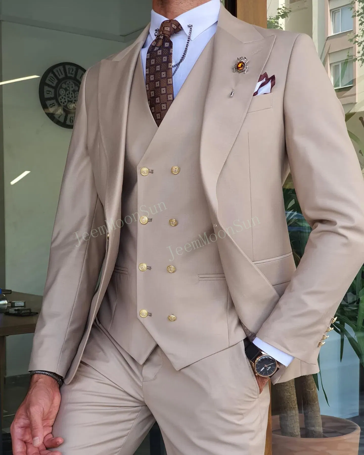 Color: Beige, Size: XXL, Ships From: CHINA - 3 Pieces New White Men's Suit 2022  Peak Lapel Slim Fit Casual Tuxedos Groom Tailor Made Terno Masculino (Blazer+Pants+Vest)