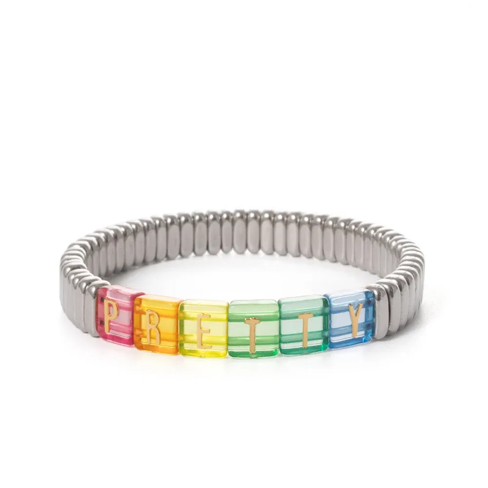 Metal Color: Antique Bronze Plated, Ships From: CHINA - Wholesale Gold Silver Color Elastic Bracelets Handmade Letter Charms Bracelets For Women 2X8MM Beads Bracelets Bohemain Jewelry