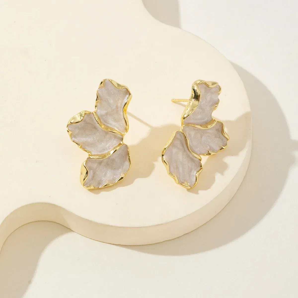 Metal Color: SILVER PLATED - Metal Flower Cream Stud Earrings for Women Fashion Gold Color Plating Irregular Post Earrings Heavy Design Statement Earring