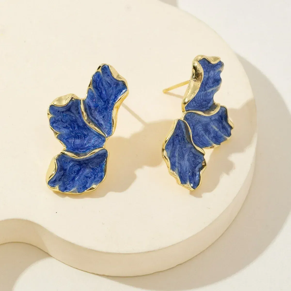 Metal Color: SILVER PLATED - Metal Flower Cream Stud Earrings for Women Fashion Gold Color Plating Irregular Post Earrings Heavy Design Statement Earring