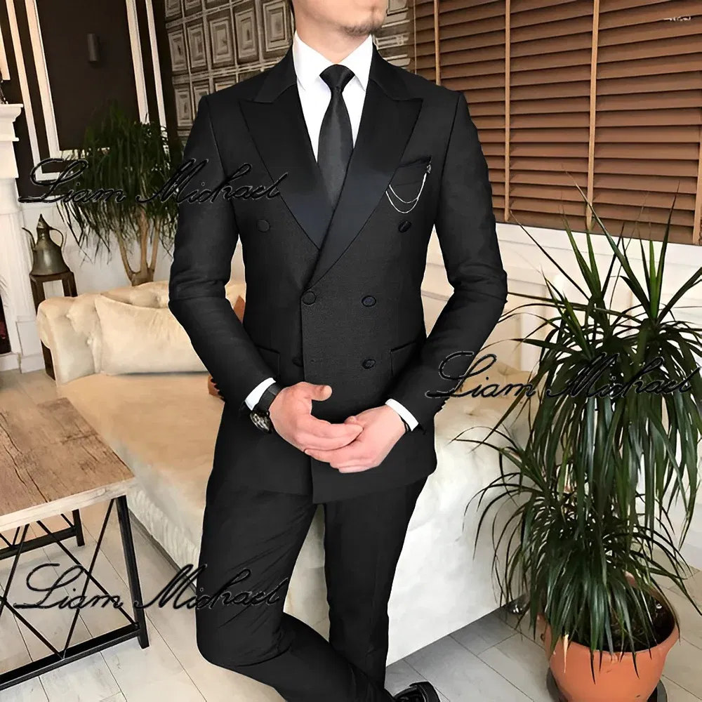 Formal Suit for Men Double Breasted Blazer Pants 2 Piece Set Business Office Outfit Wedding Groom Tuxedo Party Dress