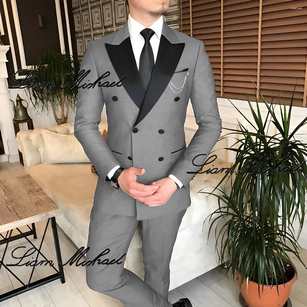 Formal Suit for Men Double Breasted Blazer Pants 2 Piece Set Business Office Outfit Wedding Groom Tuxedo Party Dress