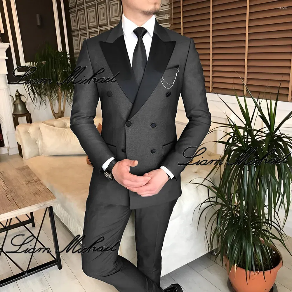 Formal Suit for Men Double Breasted Blazer Pants 2 Piece Set Business Office Outfit Wedding Groom Tuxedo Party Dress