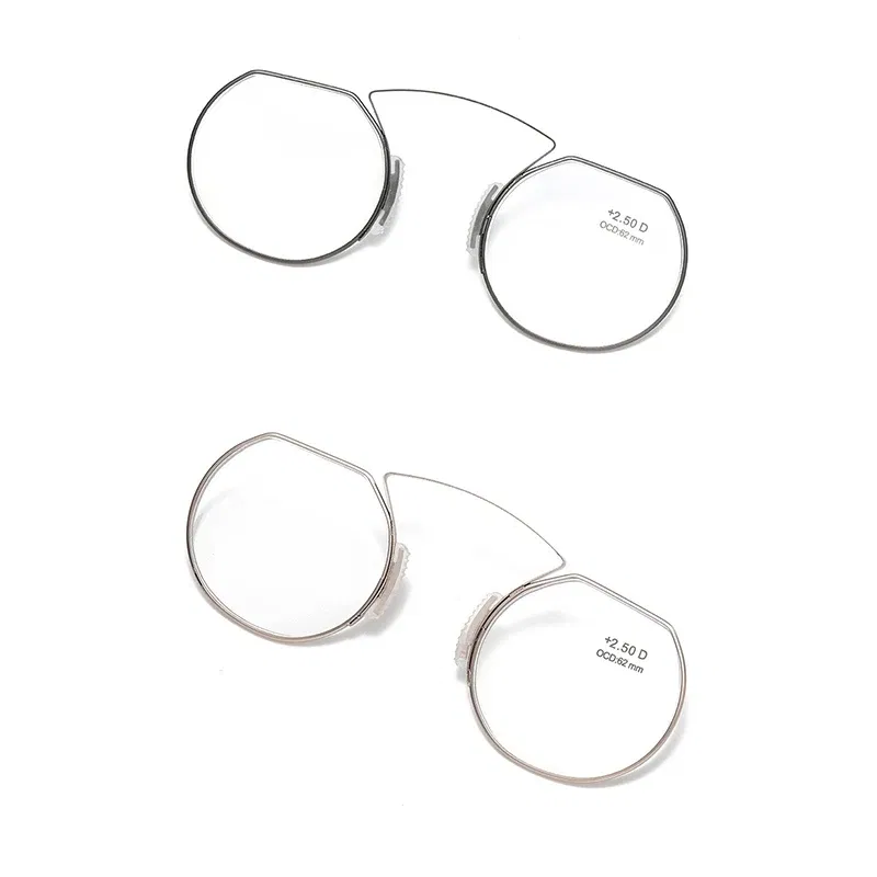 Frame Color: Silver, Eye Prescription: +100 - Women Clip Nose Reading Glasses Anti Blue Light Presbyopic Glasses Men Portable Men's Eyeglasses Anti-Lost Legless Bezel + Case