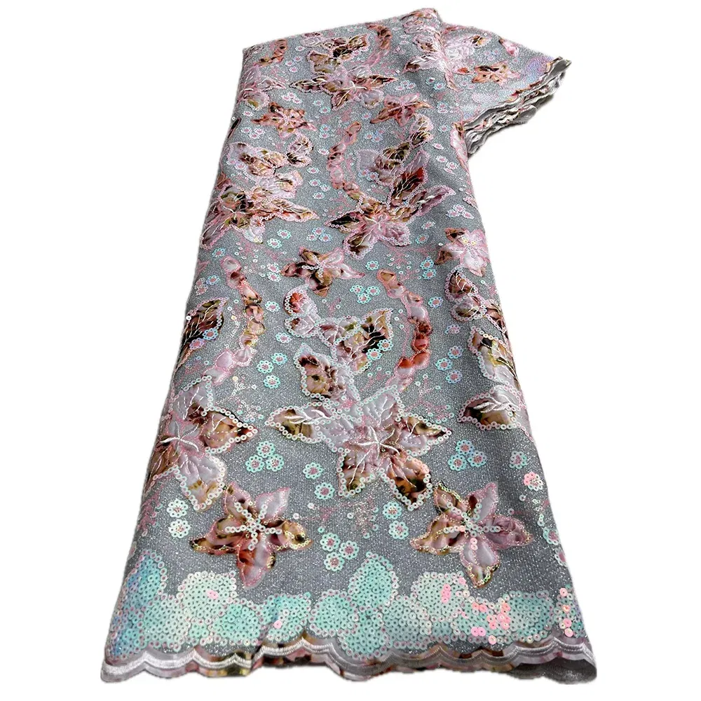 Color: Yellow, Length: 5 yards, Width: 120cm - 2025 African Nigerian Tulle Lace Fabric Sequins Sewing Guipure Beads Stone Embroidery Dresses High Quality 4 Yards