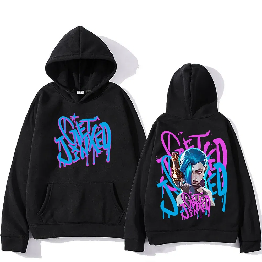 Color: Dark Grey, Size: M - Arcane Jinx Cute Hooded Anime Print Harajuku Kawaii Sweatshirt Long-sleeved Cartoon Fleece Clothes Moletom Fashion Pullovers