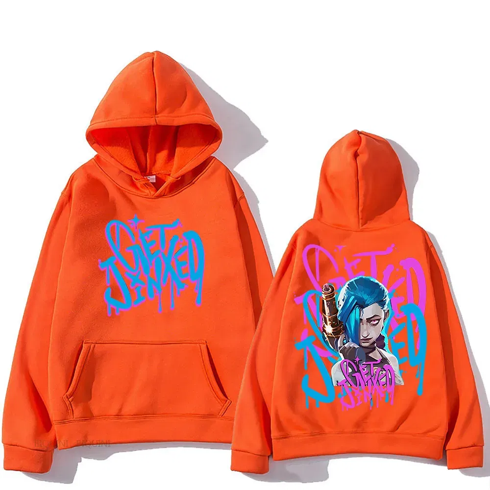 Color: Dark Grey, Size: M - Arcane Jinx Cute Hooded Anime Print Harajuku Kawaii Sweatshirt Long-sleeved Cartoon Fleece Clothes Moletom Fashion Pullovers