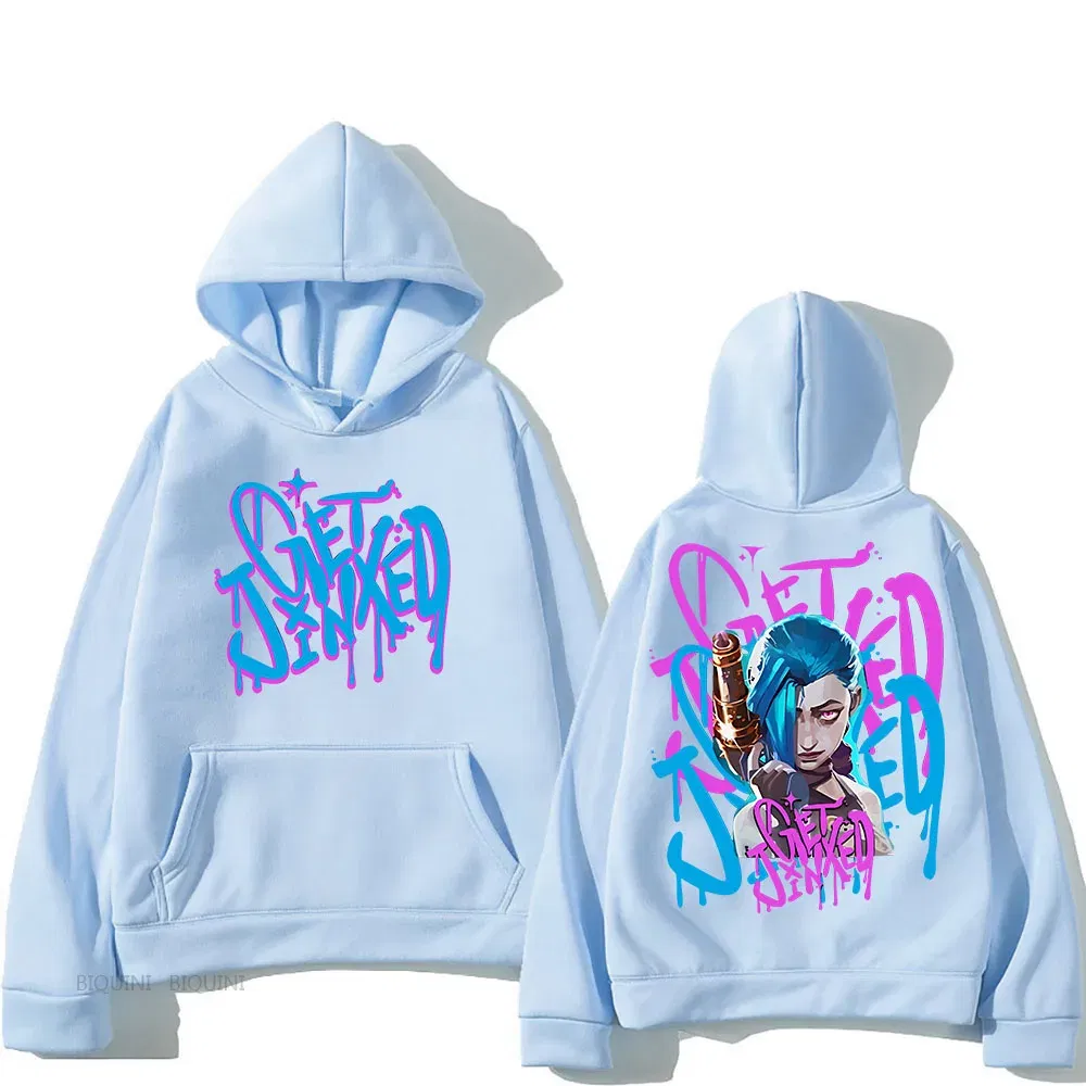 Color: Dark Grey, Size: M - Arcane Jinx Cute Hooded Anime Print Harajuku Kawaii Sweatshirt Long-sleeved Cartoon Fleece Clothes Moletom Fashion Pullovers