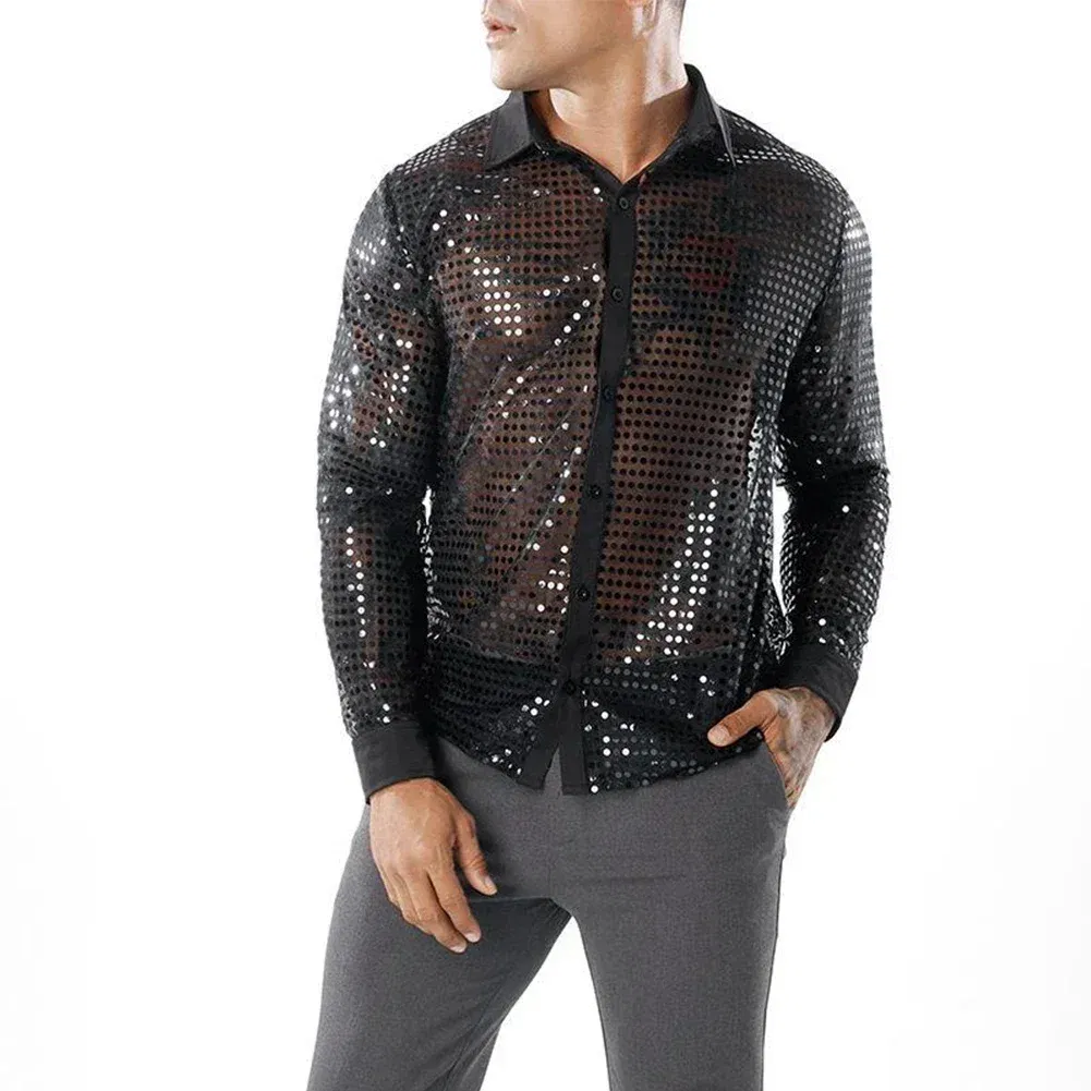 Color: black, Size: XXL, Ships From: CHINA - 2023 Fashion Mens Sparkly Sequins Party Dance Shirts Retro 70s Disco Nightclub Shirt Tops Single Breasted Performance Clothing
