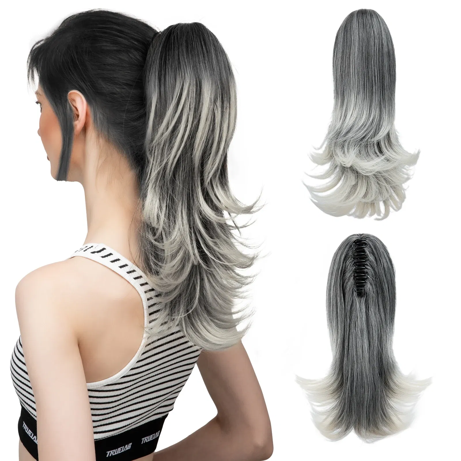 Color: Natural Color, Stretched Length: 14inches - Synthetic Claw Clip In Ponytail Hair Extensions 14 Inch Wavy Hairpiece Fake Blonde Black Hair False Pigtail With Elastic Band