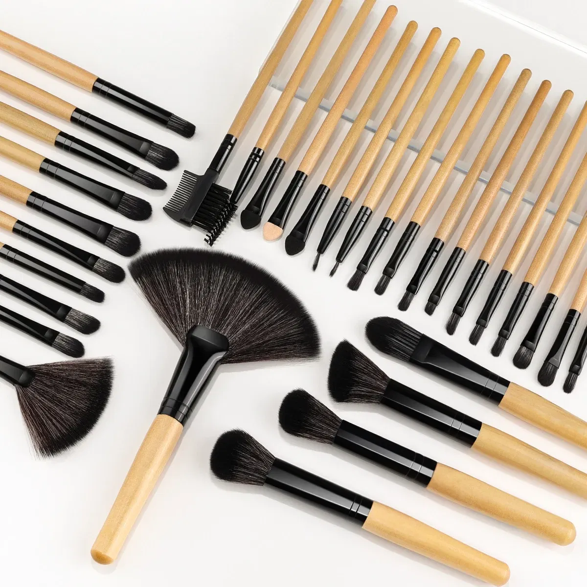 Handle Color: Black, Ships From: Russian Federation - Kaizm 32pcs Natural Hair Makeup Brushes Set Cosmetic Foundation Powder Eyeshadow Eyebrow Premium Wooden Make Up Brush Tools Kits