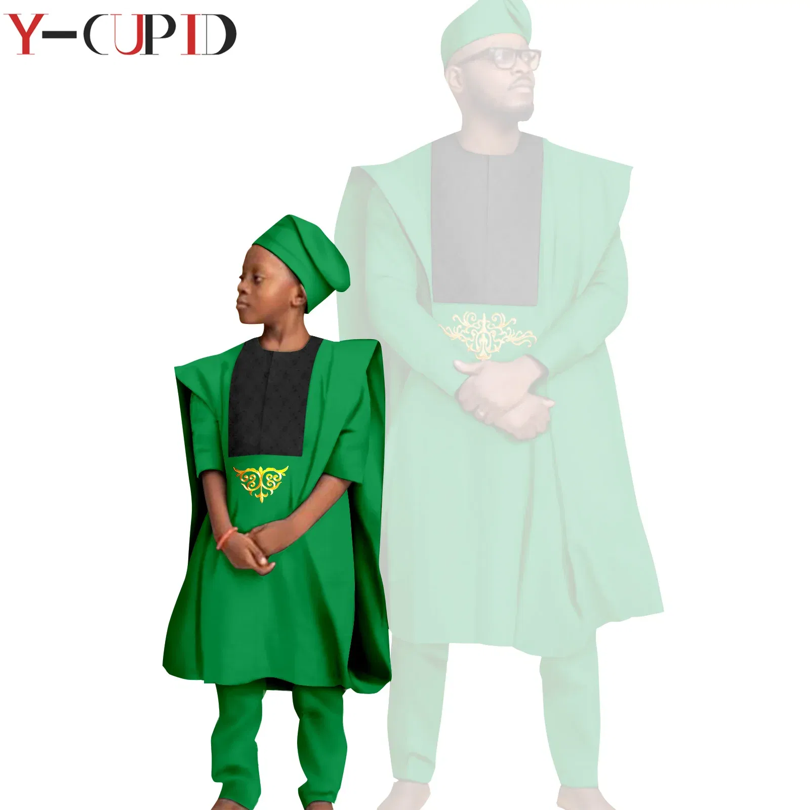 Color: Lavender, Size: XL - African Clothes for Men Top Pants Robes Hat Sets Match Kid Boy Sets Dashiki Father and Son Bazin Riche Family Outfits Y20F001