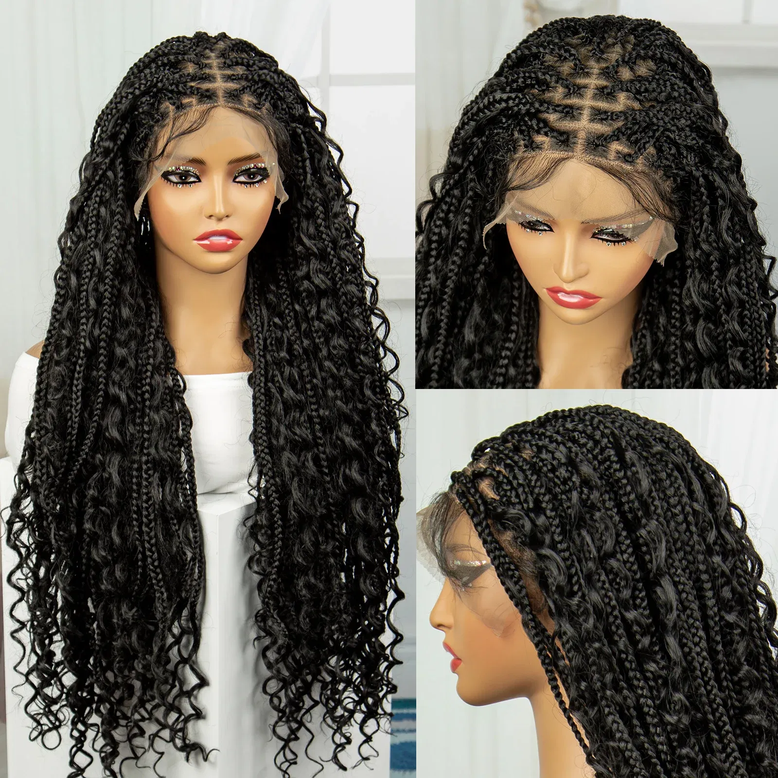 Color: #4, Ships From: CHINA, Wig Length: 36inches - 36" Knotless Box Boho Braided Wigs With Curly Ends Synthetic Lace Front Bohemian Braided Lace Wig with Baby Hair for Black Women