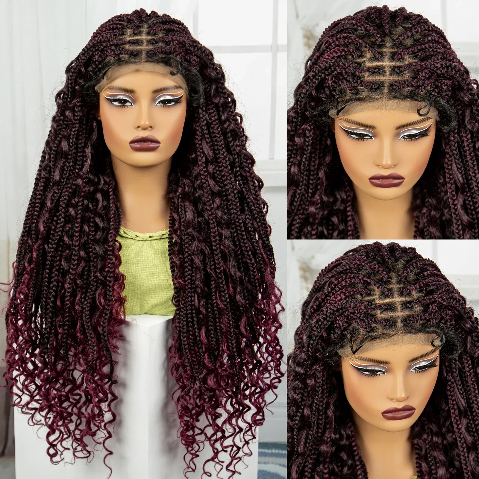 Color: #4, Ships From: CHINA, Wig Length: 36inches - 36" Knotless Box Boho Braided Wigs With Curly Ends Synthetic Lace Front Bohemian Braided Lace Wig with Baby Hair for Black Women