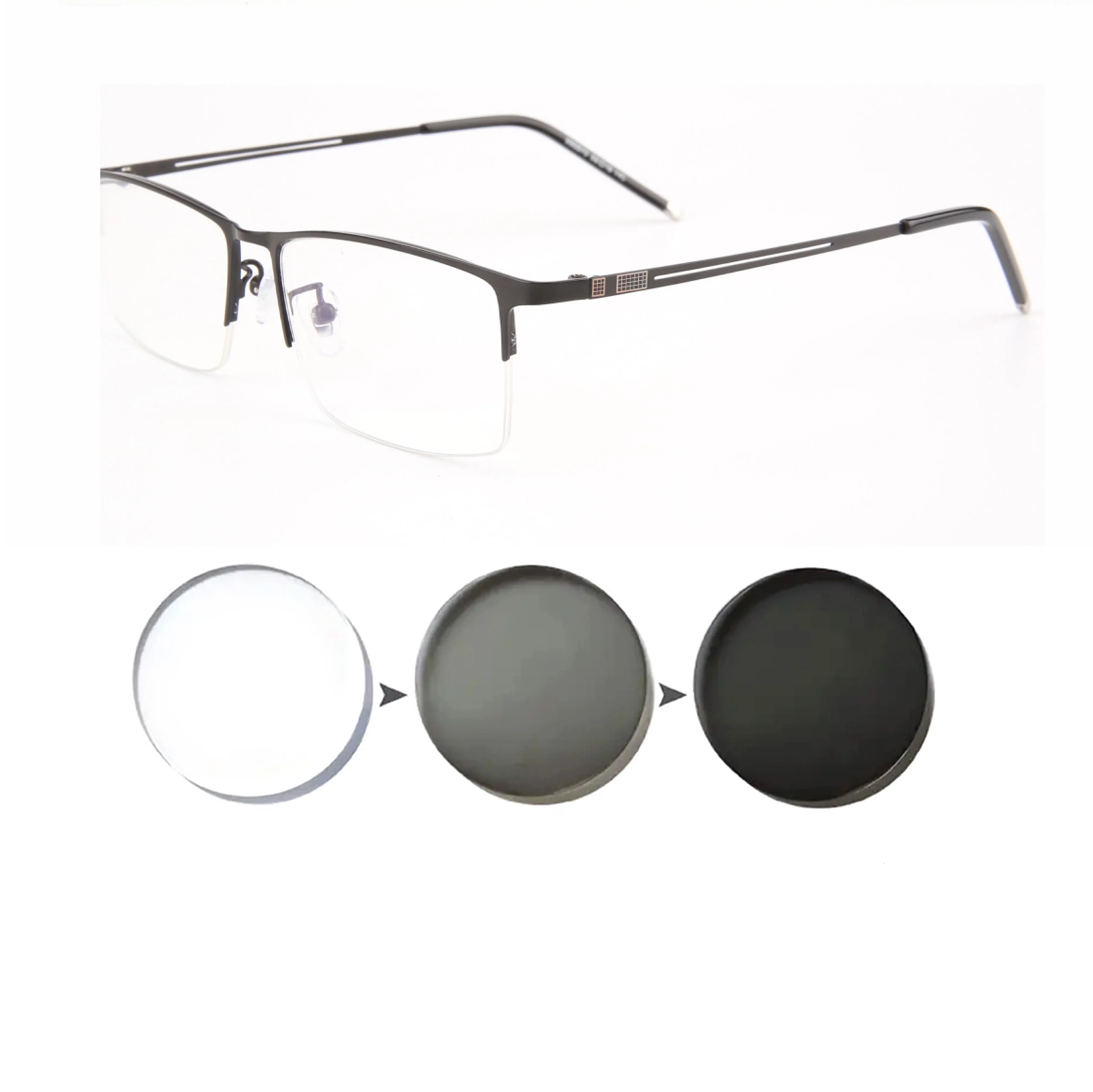 Frame Color: black, Eye Prescription: 0 - Sun Photochromic Finished Myopia Glasses Women Men Metal Half Frame Chameleon Short-sight Eyewear0 -0.5 -0.75 -1.0  To -6.0