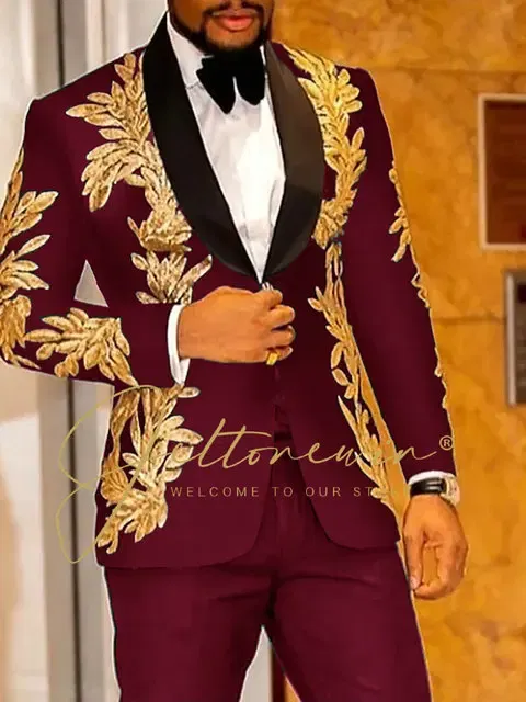 Color: Burgundy, Size: M - Luxury Groom Wedding Tuxedos Gold Sequins Appliques Black Men Suits Slim Fit Costume Homme Marriage Prom Suits