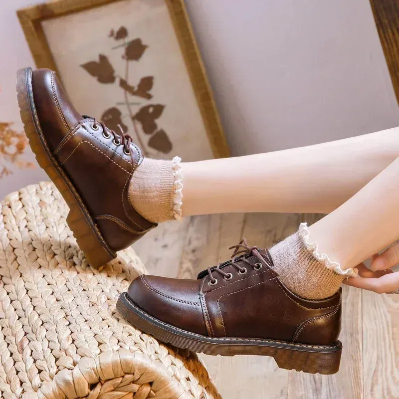 Color: Brown, Shoe Size: 36 - 2024 New Women Oxfords Women's Shoes Ladies Leather Female Round Toe Sewing Retro Comfortable Footwear Lolita Shoe Brown 40