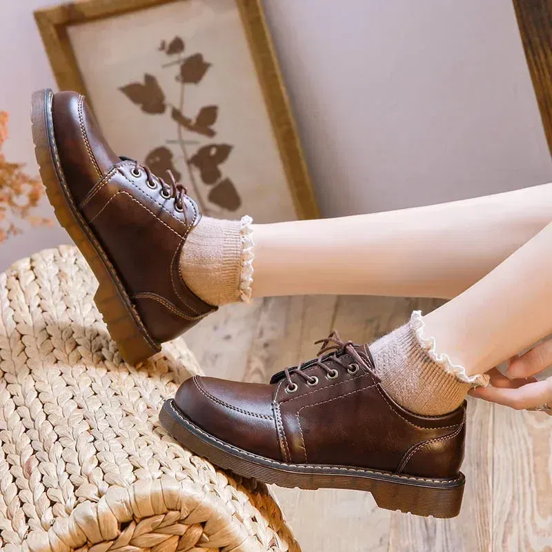 Color: Brown, Shoe Size: 36 - 2024 New Women Oxfords Women's Shoes Ladies Leather Female Round Toe Sewing Retro Comfortable Footwear Lolita Shoe Brown 40