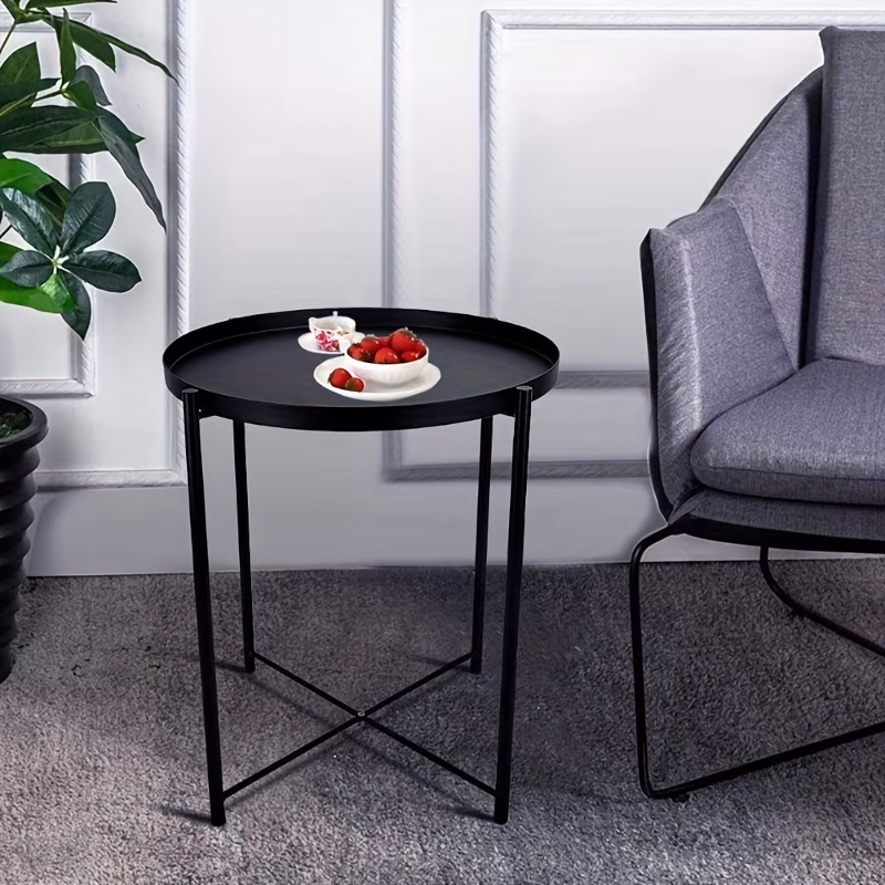 Minimalist Metal Round Tray Side Table – Carbon Steel Frame, Removable Top, Easy to Clean