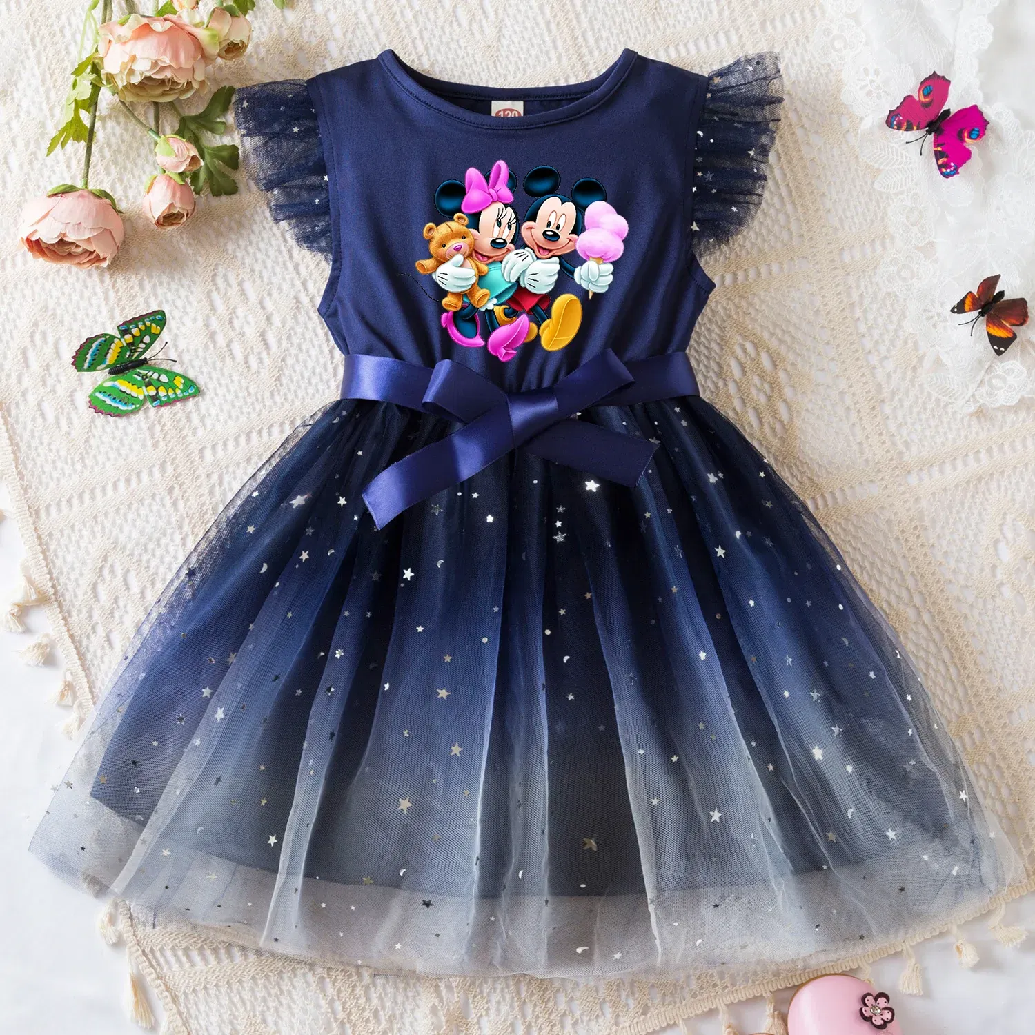 Color: Fuchsia, Size: S - Mickey Minnie Mouse Girls Summer Clothes Flying Sleeves Bow Sequin Dress 2-6Y Kid Birthday Tutu Princess Dress for Baby Girl