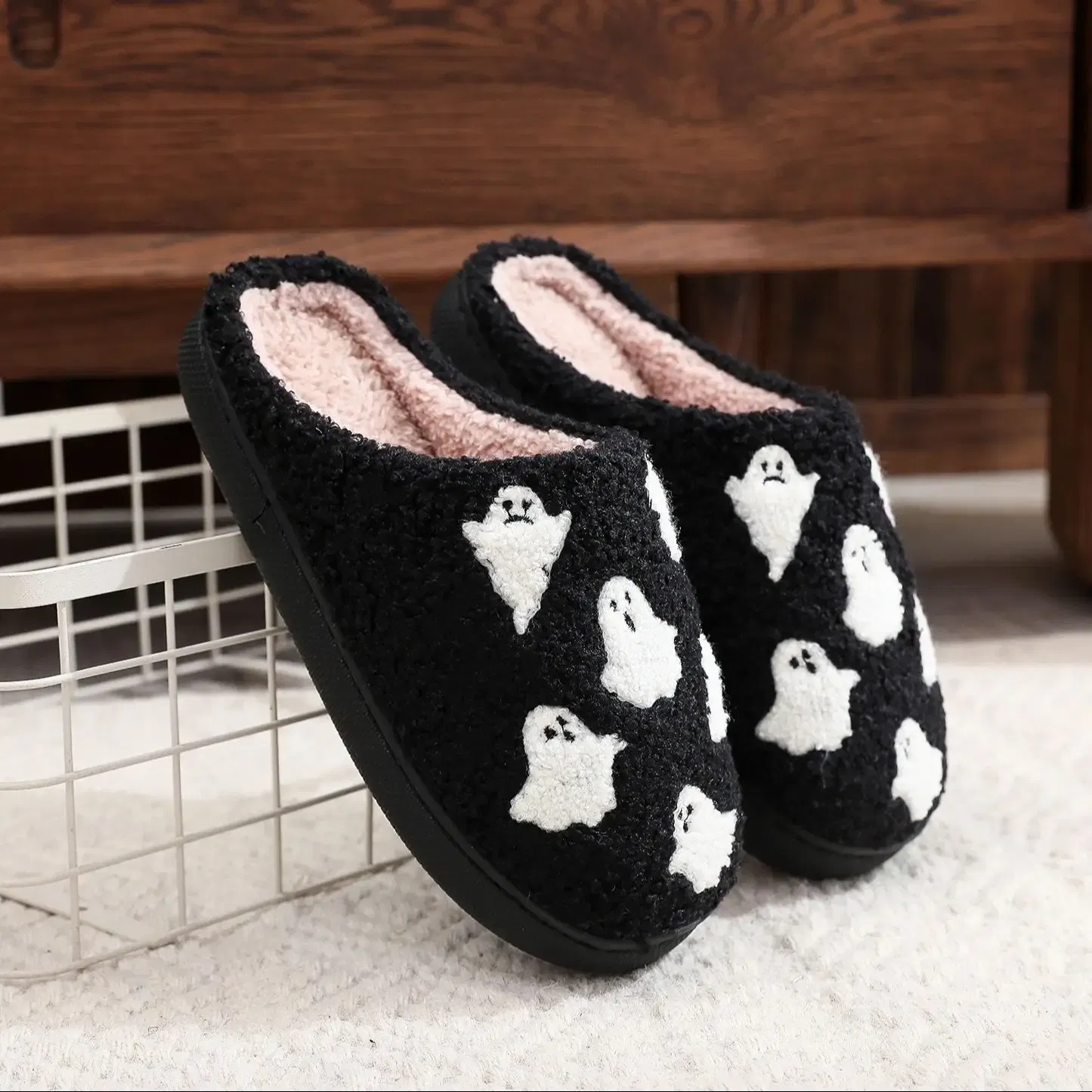 Color: black, Shoe Size: 42 - Halloween Ghost Pattern Black Cotton Slippers Non-slip Thick Sole Lightweight stuffed Slippers Holiday Gift