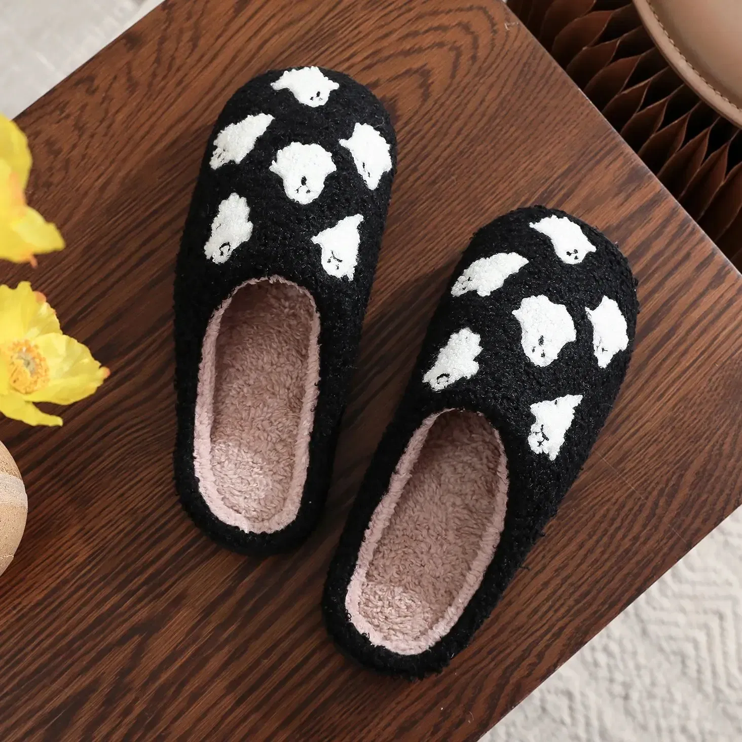 Color: black, Shoe Size: 42 - Halloween Ghost Pattern Black Cotton Slippers Non-slip Thick Sole Lightweight stuffed Slippers Holiday Gift