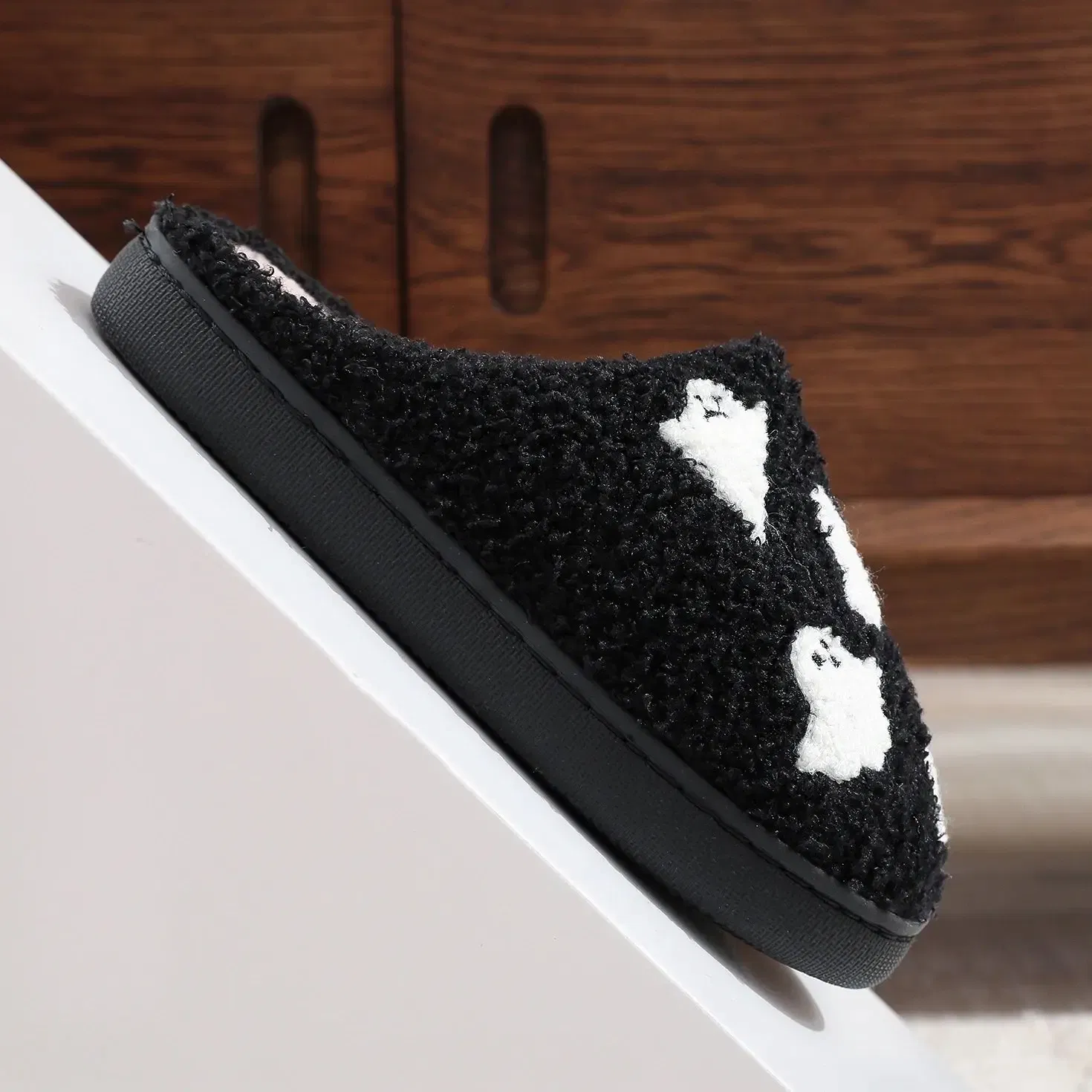 Color: black, Shoe Size: 42 - Halloween Ghost Pattern Black Cotton Slippers Non-slip Thick Sole Lightweight stuffed Slippers Holiday Gift