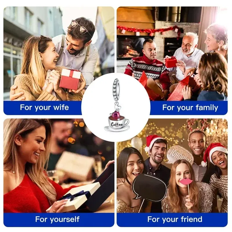 Color: Red - Real 925 Sterling Silver Love Coffee Charm Bead Fits Original Pandora Bracelet Necklace Women Pendant Diy Fine Jewelry Hot