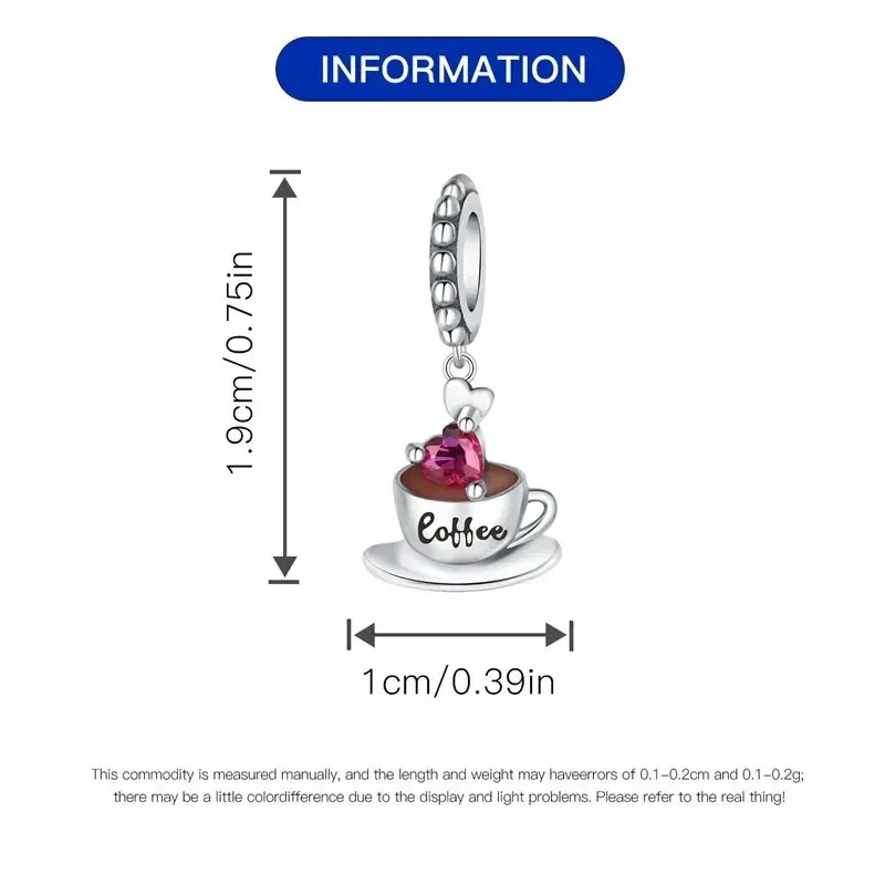 Color: Red - Real 925 Sterling Silver Love Coffee Charm Bead Fits Original Pandora Bracelet Necklace Women Pendant Diy Fine Jewelry Hot
