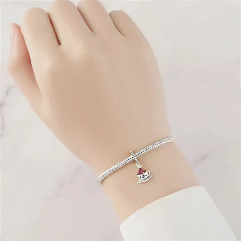 Color: Red - Real 925 Sterling Silver Love Coffee Charm Bead Fits Original Pandora Bracelet Necklace Women Pendant Diy Fine Jewelry Hot