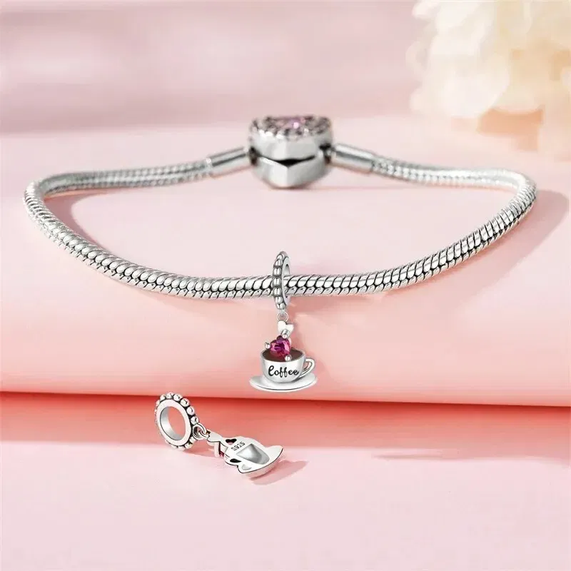 Color: Red - Real 925 Sterling Silver Love Coffee Charm Bead Fits Original Pandora Bracelet Necklace Women Pendant Diy Fine Jewelry Hot