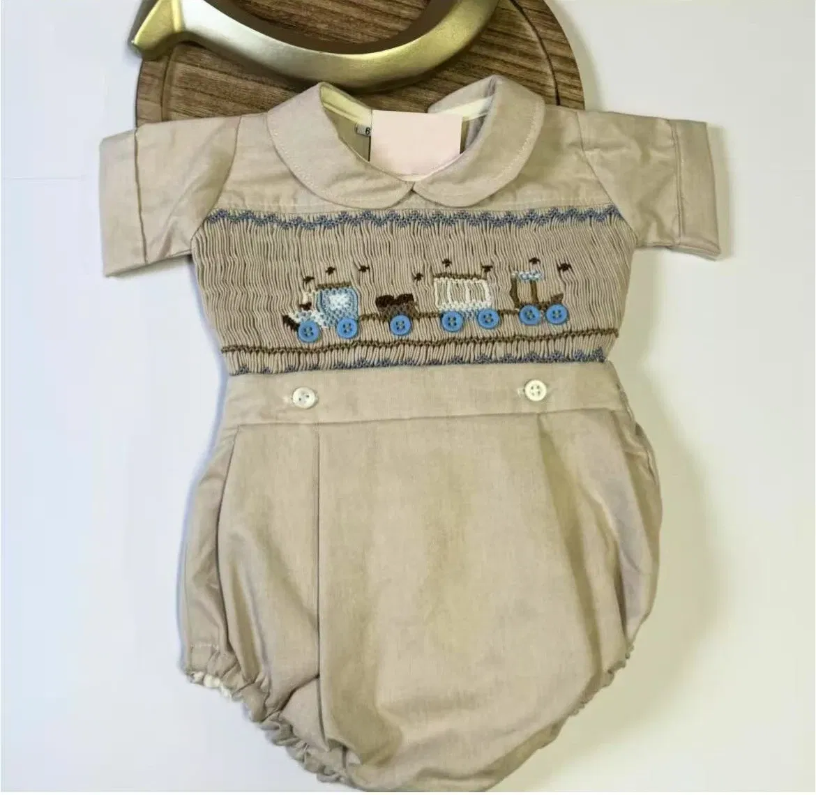 Kid Size: 5T - 0-6Y Baby Boy Summer Short Sleeves Green Handmade Embroidery Smocked Outfit Suit for Party Birthday Holiday A179