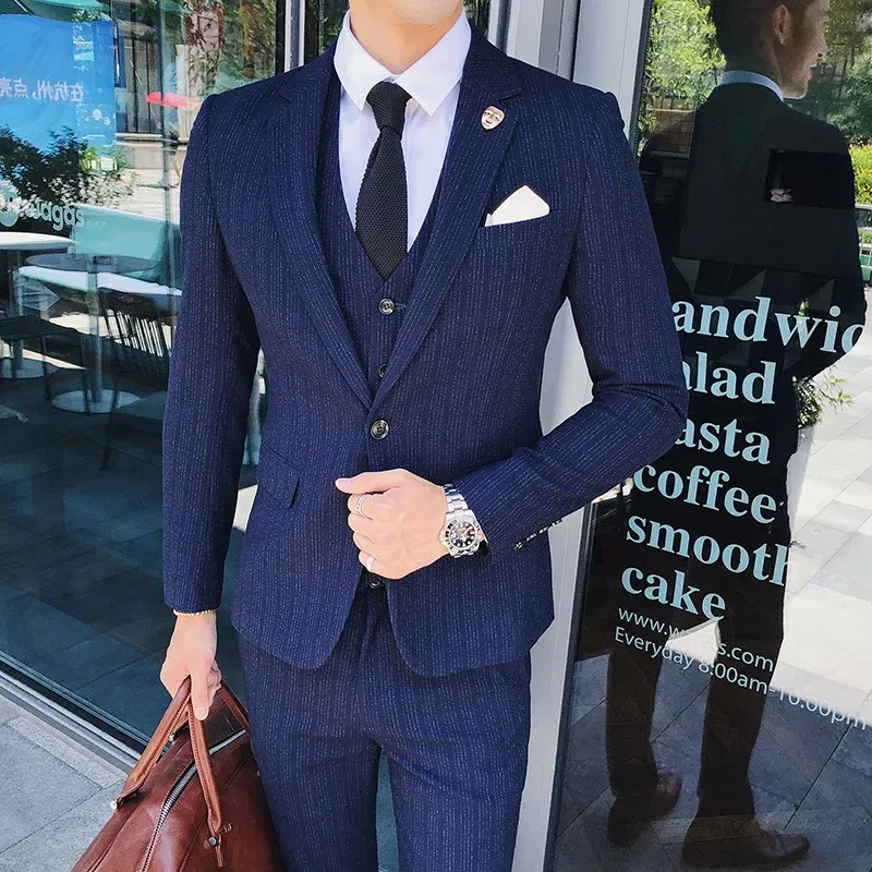 Color: CORAL RED, Size: M - Gray Men Classic Striped/Checked Suits, Business Office 3 Piece, Asian Size Slim Fit Men Dress Jacket & Pants with Vest, S-4XL