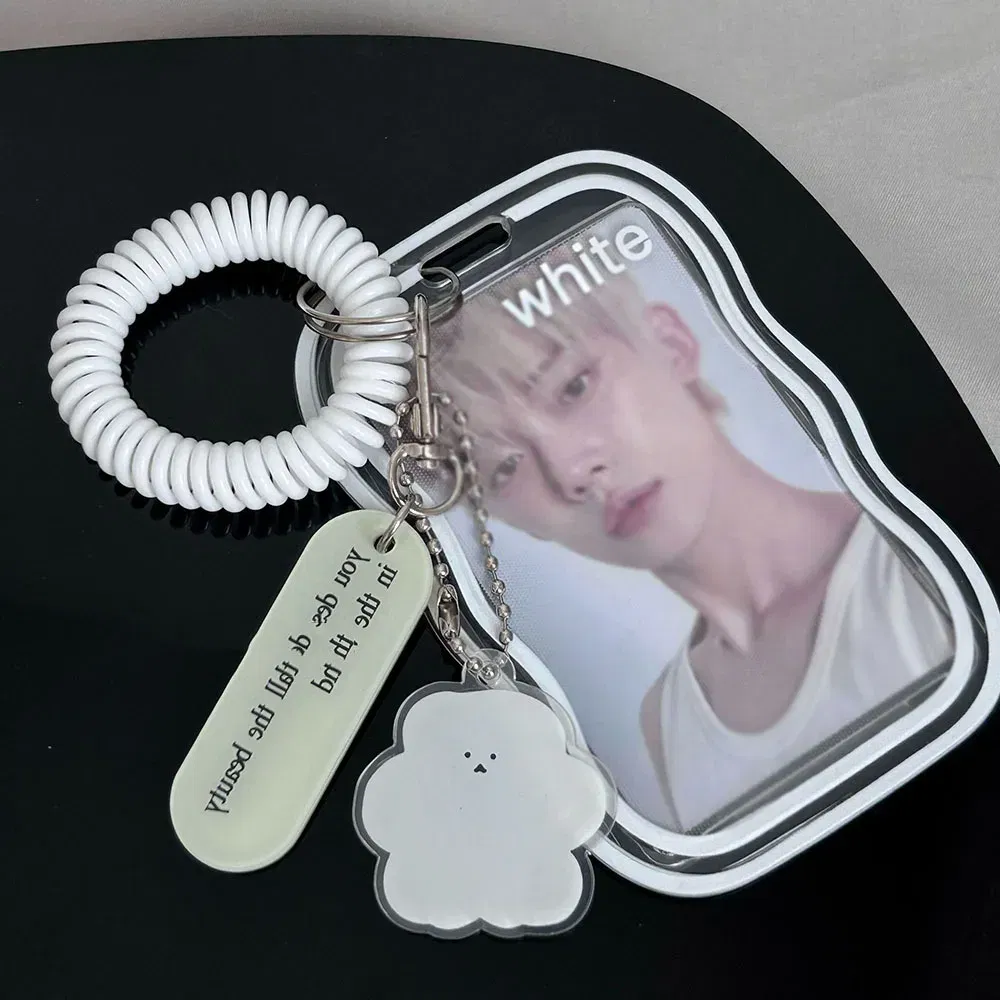 Color: WHITE - INS Transparent Photocard Holder with Spring Keychain Idol Photo Protective Case 3 Inch Photo Card Holder Student ID Card Cover