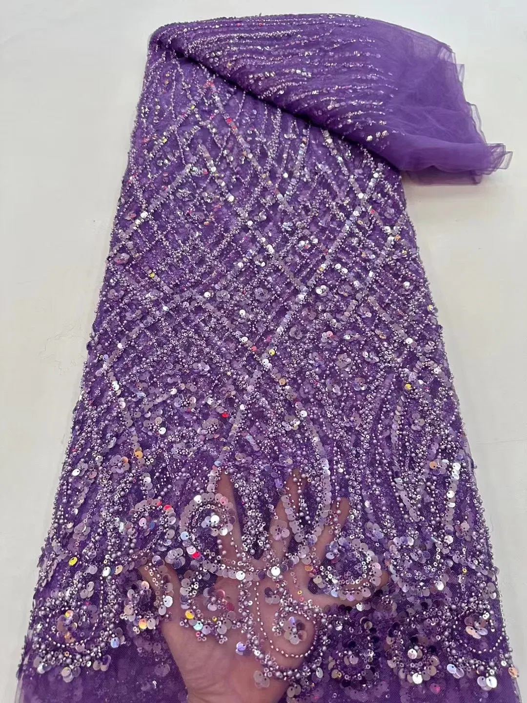 Color: Blue, Width: 120cm, Length: 5 yards - Ni Ai African Sequins Beaded Groom Lace Fabric High Quality French Tulle Lace Fabric 2025 Embroidery Nigerian Lace Fabrics